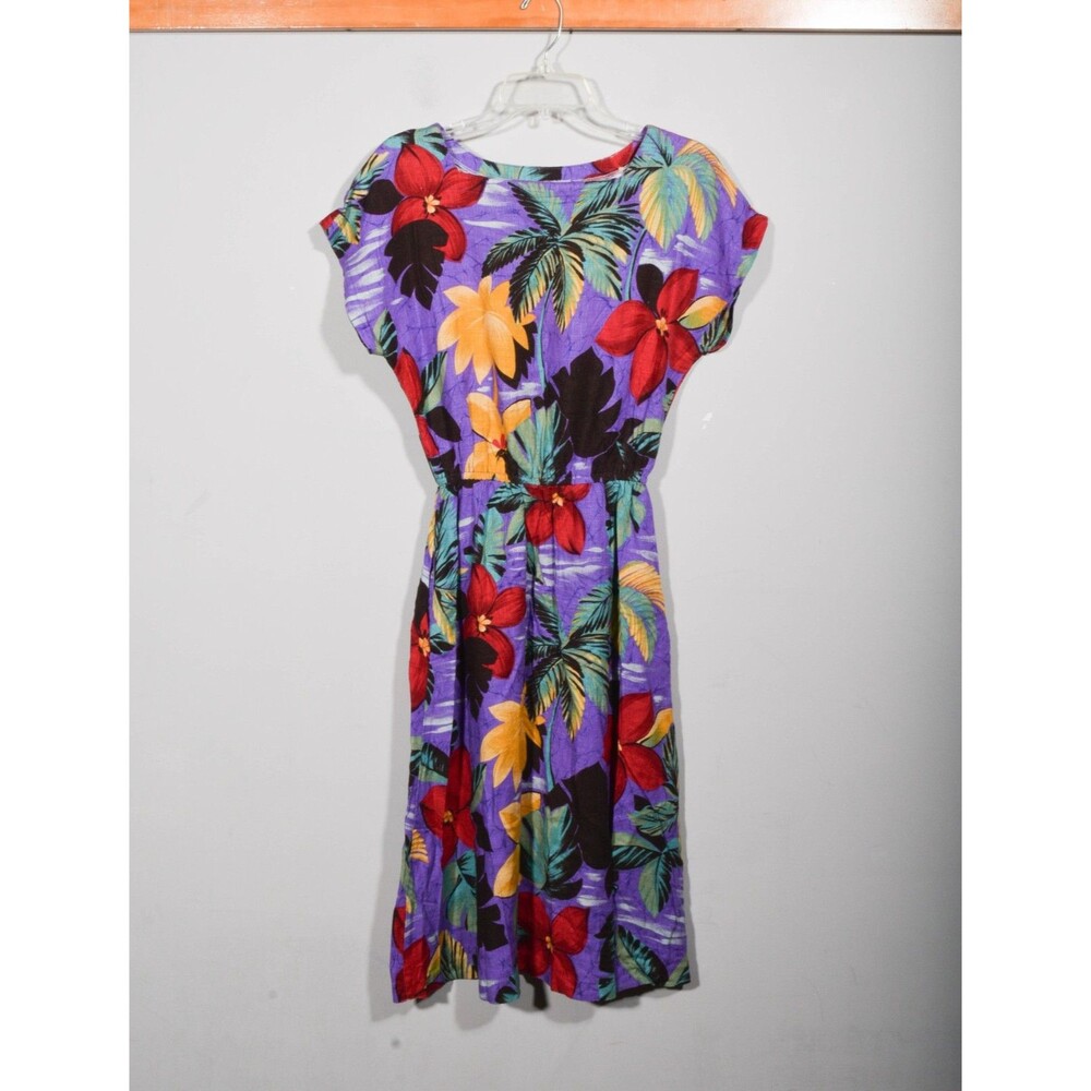 80s 90s Carol Anderson California Purple Tropical Print Garden Midi Dress S